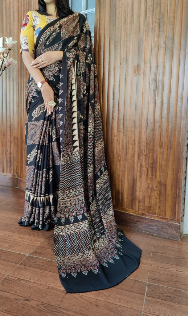 Zynah Pure Modal Silk Ajrakh Saree with Handblock Prints; Custom Stitched/Ready-made Blouse, Fall, Petticoat; Shipping available USA, Worldwide