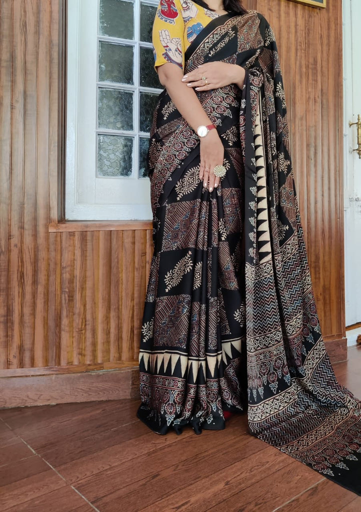 Zynah Pure Modal Silk Ajrakh Saree with Handblock Prints; Custom Stitched/Ready-made Blouse, Fall, Petticoat; Shipping available USA, Worldwide