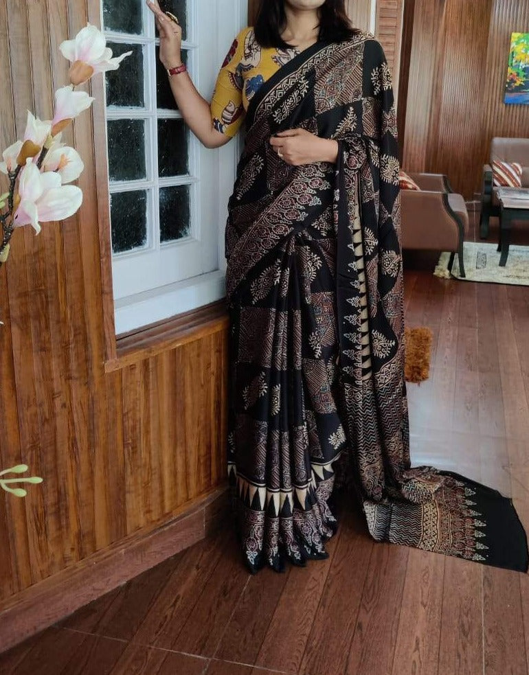 Zynah Pure Modal Silk Ajrakh Saree with Handblock Prints; Custom Stitched/Ready-made Blouse, Fall, Petticoat; Shipping available USA, Worldwide
