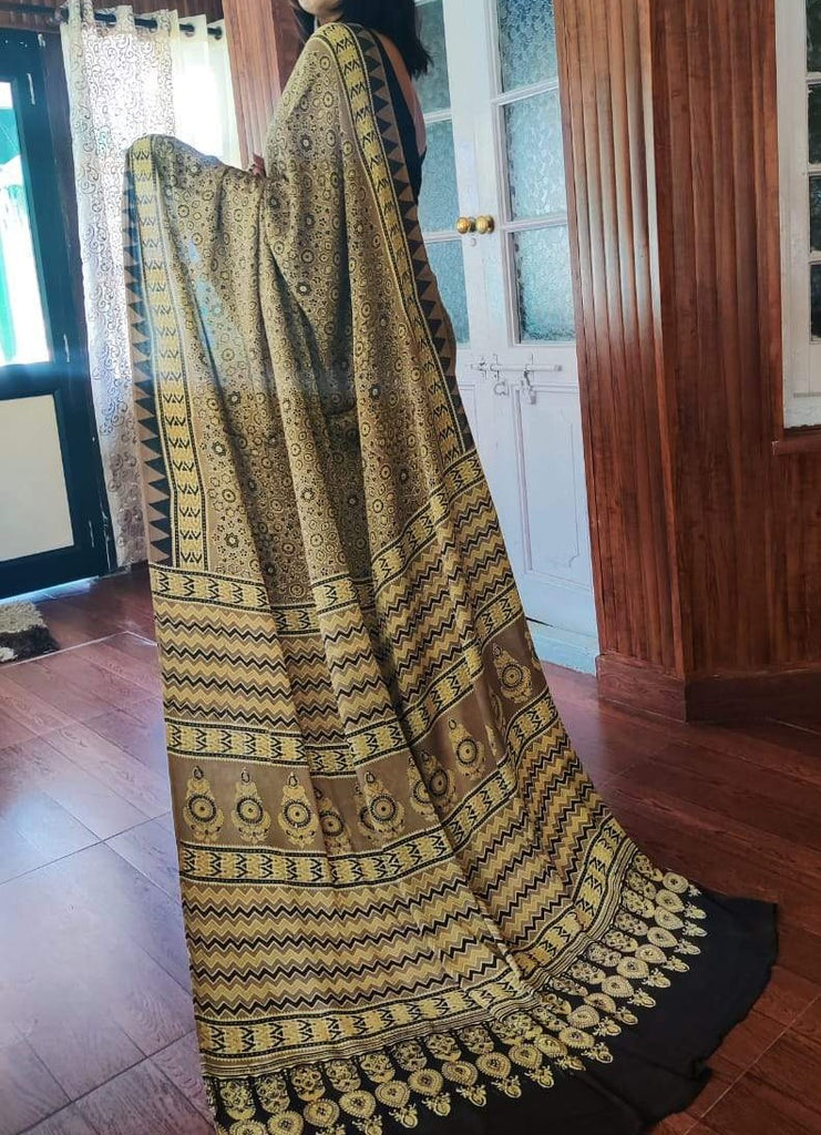 Zynah Pure Modal Silk Ajrakh Saree with Handblock Prints; Custom Stitched/Ready-made Blouse, Fall, Petticoat; Shipping available USA, Worldwide