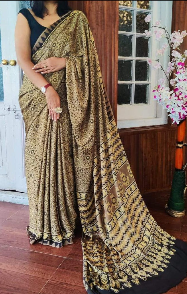 Zynah Pure Modal Silk Ajrakh Saree with Handblock Prints; Custom Stitched/Ready-made Blouse, Fall, Petticoat; Shipping available USA, Worldwide