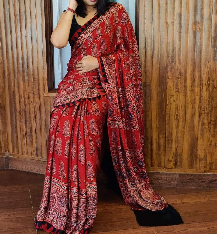 Zynah Pure Modal Silk Ajrakh Saree with Handblock Prints; Custom Stitched/Ready-made Blouse, Fall, Petticoat; Shipping available USA, Worldwide