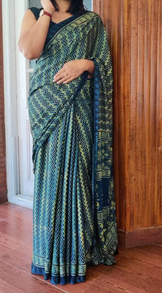 Zynah Pure Modal Silk Ajrakh Saree with Handblock Prints; Custom Stitched/Ready-made Blouse, Fall, Petticoat; Shipping available USA, Worldwide