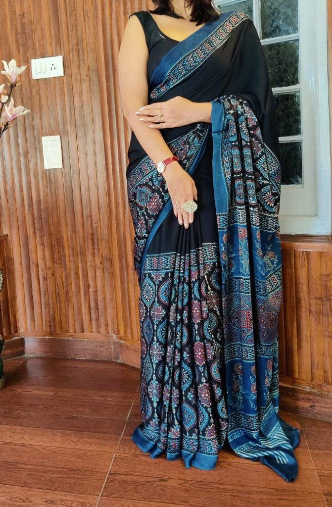 Zynah Pure Modal Silk Ajrakh Saree with Handblock Prints; Custom Stitched/Ready-made Blouse, Fall, Petticoat; Shipping available USA, Worldwide