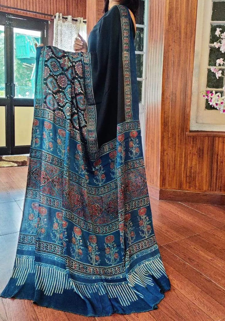 Zynah Pure Modal Silk Ajrakh Saree with Handblock Prints; Custom Stitched/Ready-made Blouse, Fall, Petticoat; Shipping available USA, Worldwide