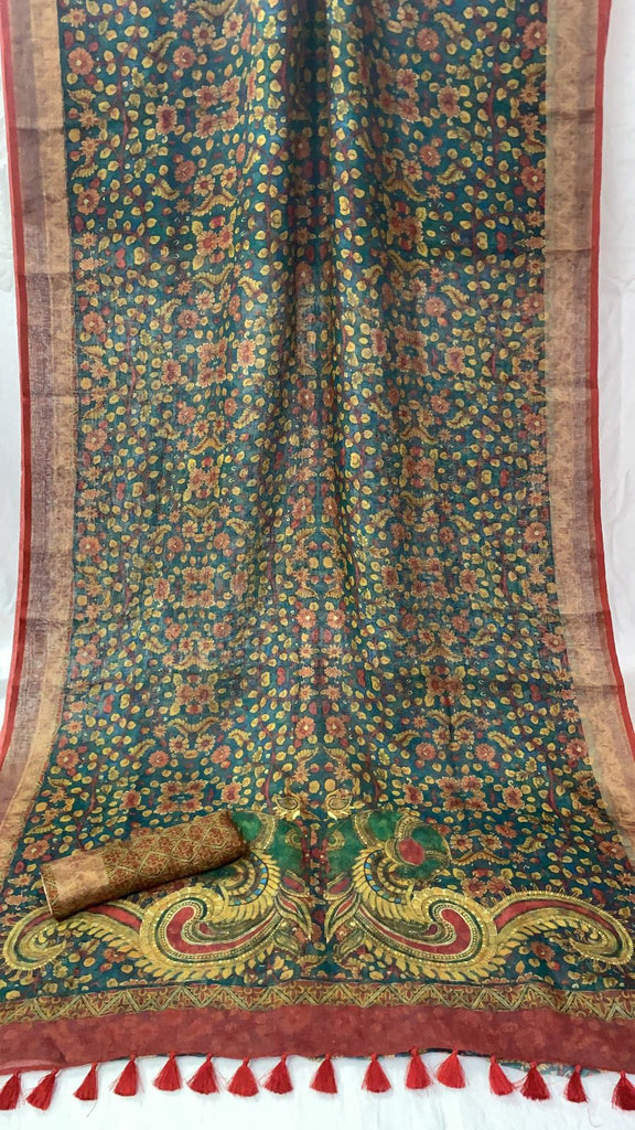 Zynah Organic Pure Linen by Linen(120c) Saree with Digital Kalamkari Prints; Custom Stitched/Ready-made Blouse, Fall, Petticoat; Shipping available USA, Worldwide