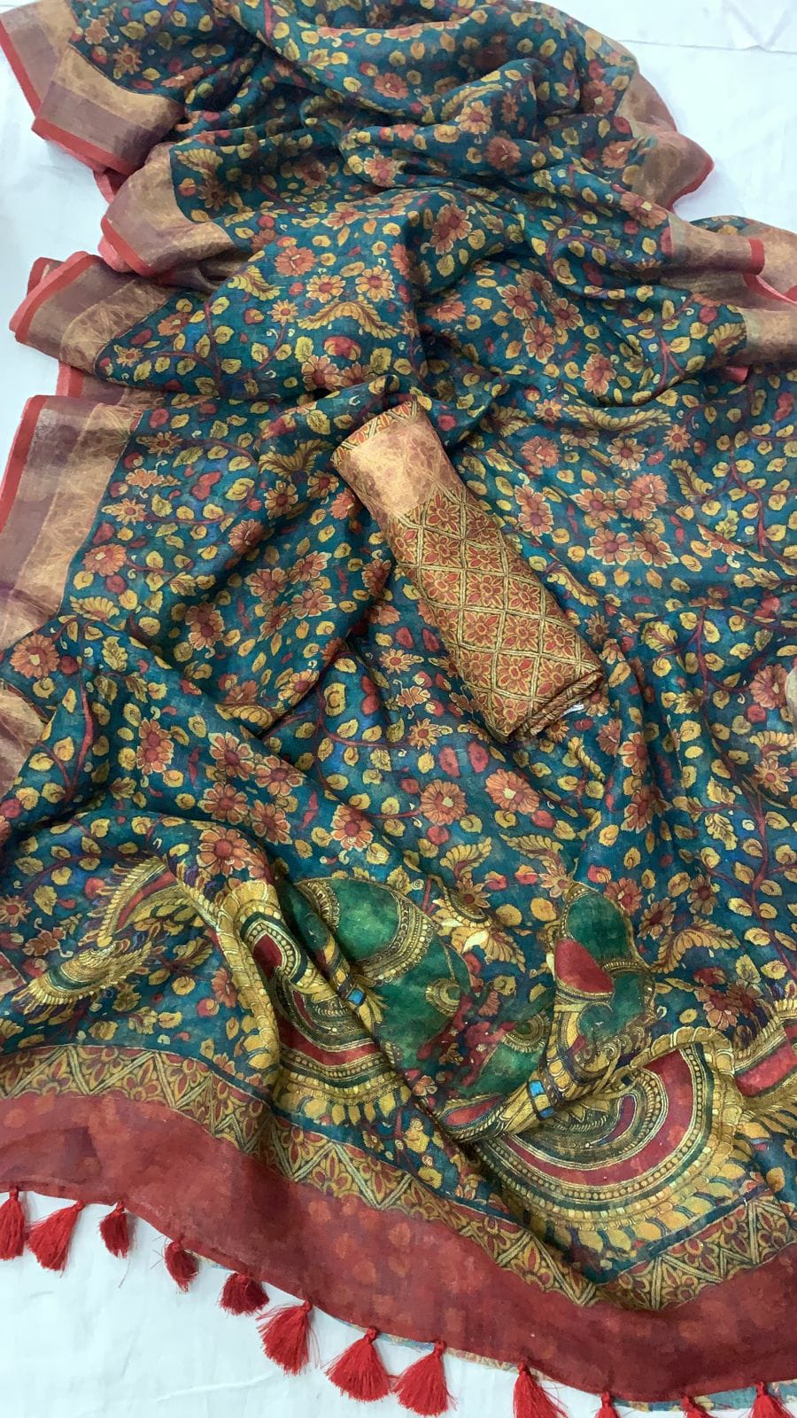 Zynah Organic Pure Linen by Linen(120c) Saree with Digital Kalamkari Prints; Custom Stitched/Ready-made Blouse, Fall, Petticoat; Shipping available USA, Worldwide