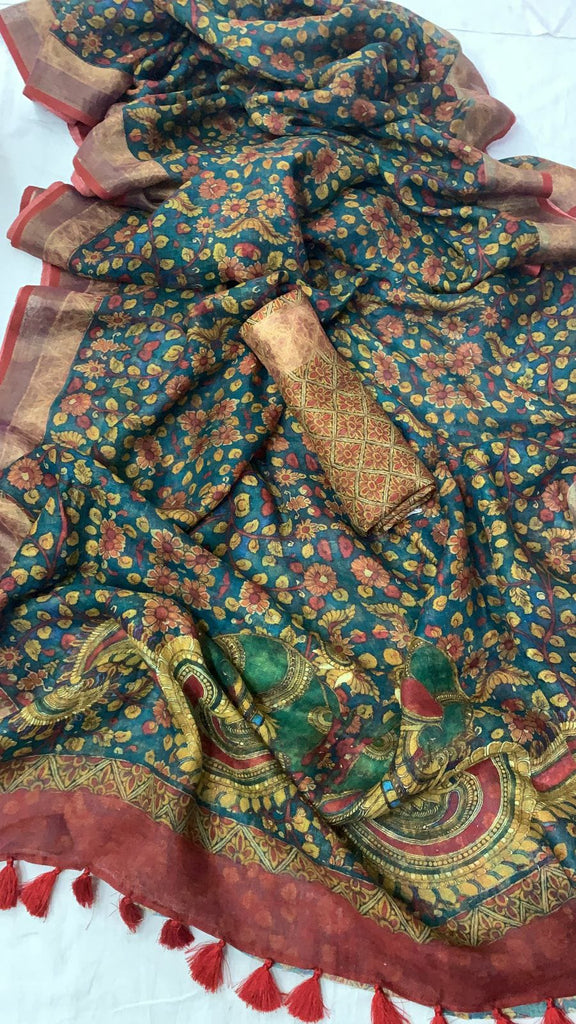 Zynah Organic Pure Linen by Linen(120c) Saree with Digital Kalamkari Prints; Custom Stitched/Ready-made Blouse, Fall, Petticoat; Shipping available USA, Worldwide
