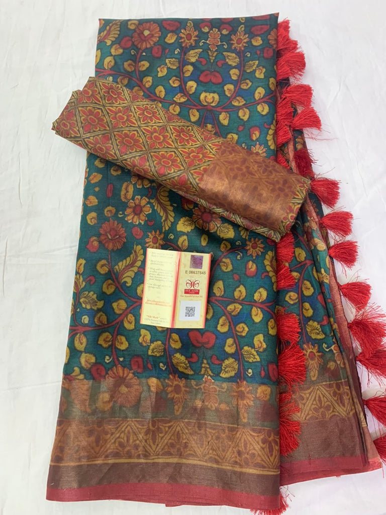 Zynah Pure Tussar Silk Saree with Digital Kalamkari Prints; Custom Stitched/Ready-made Blouse, Fall, Petticoat; Shipping available USA, Worldwide