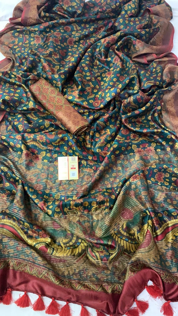 Zynah Pure Tussar Silk Saree with Digital Kalamkari Prints; Custom Stitched/Ready-made Blouse, Fall, Petticoat; Shipping available USA, Worldwide