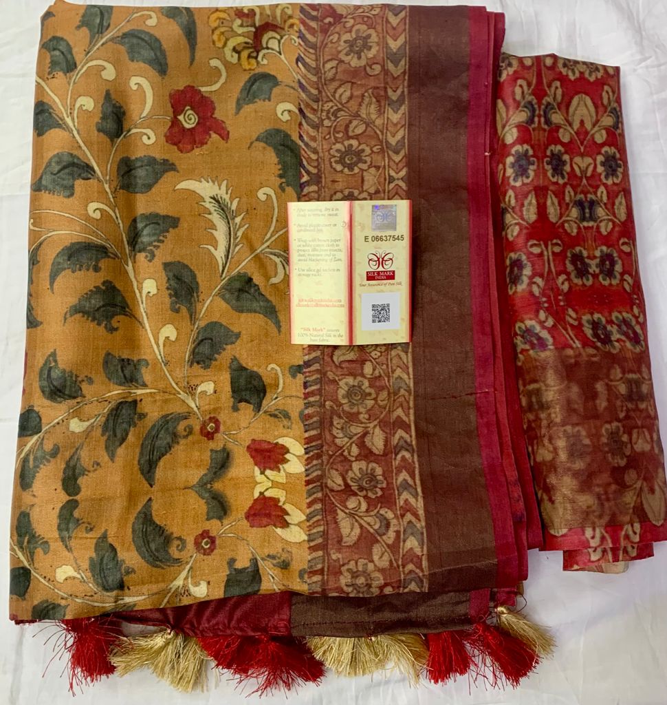 Zynah Pure Tussar Silk Saree with Digital Kalamkari Prints; Custom Stitched/Ready-made Blouse, Fall, Petticoat; Shipping available USA, Worldwide