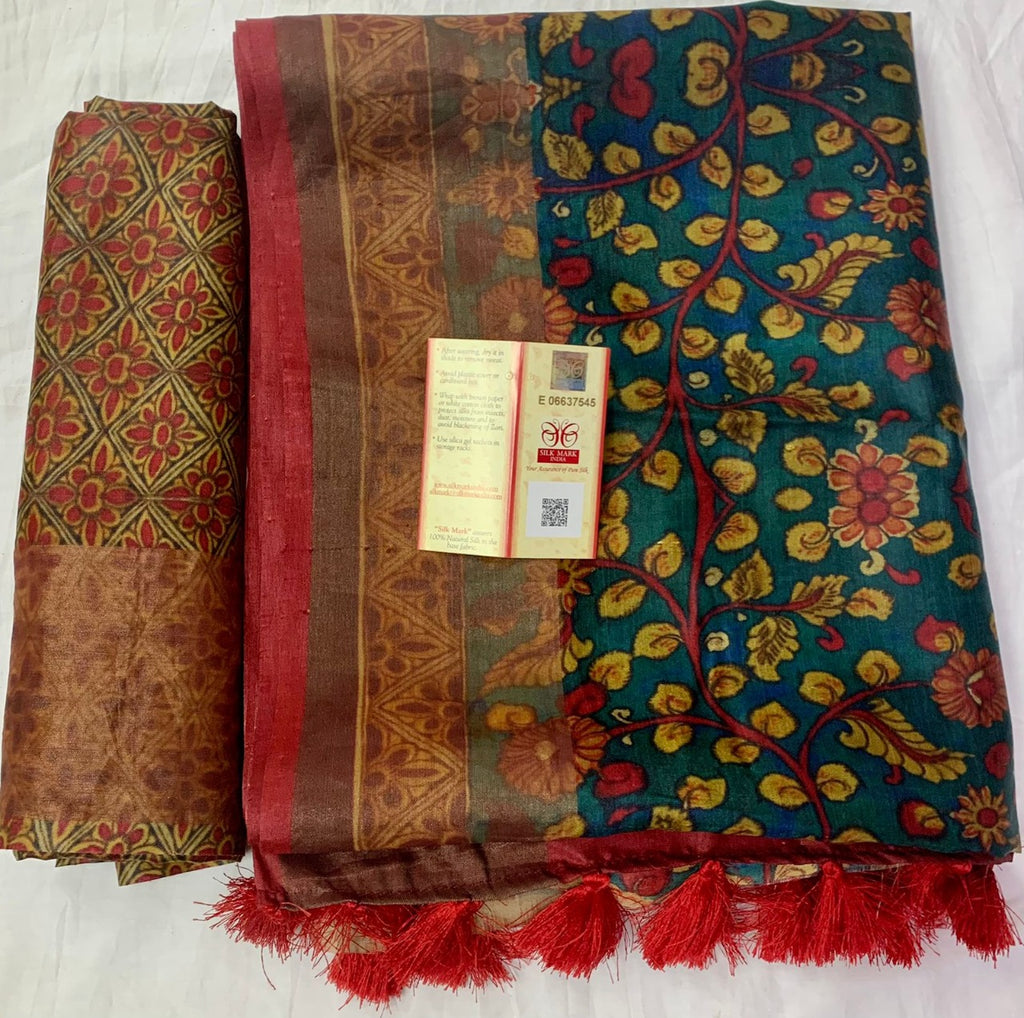Zynah Pure Tussar Silk Saree with Digital Kalamkari Prints; Custom Stitched/Ready-made Blouse, Fall, Petticoat; Shipping available USA, Worldwide