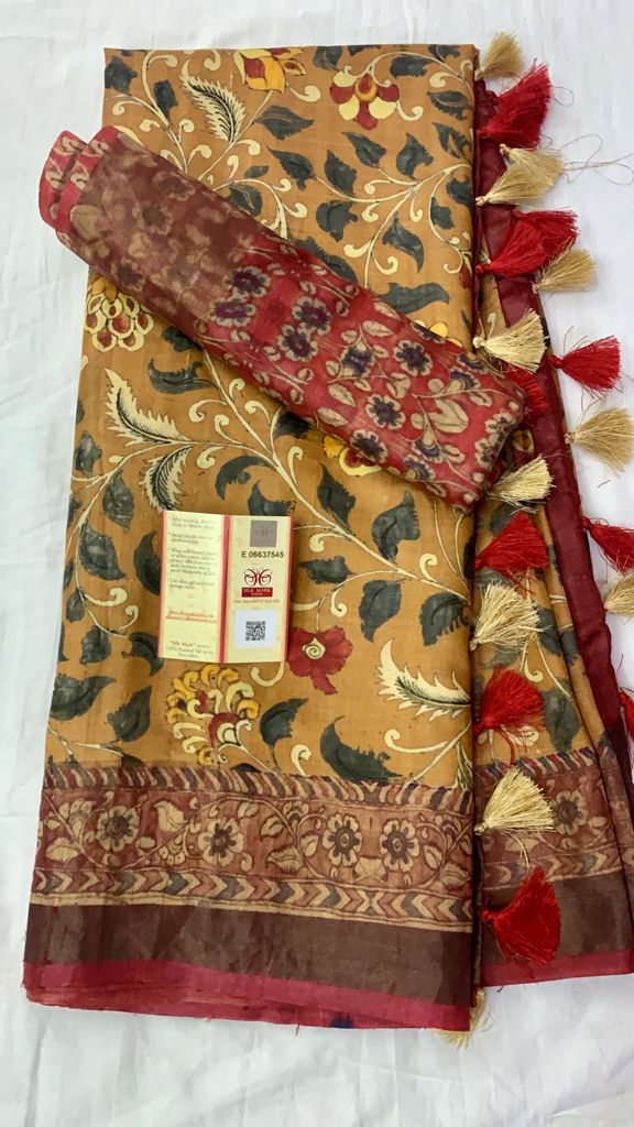 Zynah Pure Tussar Silk Saree with Digital Kalamkari Prints; Custom Stitched/Ready-made Blouse, Fall, Petticoat; Shipping available USA, Worldwide