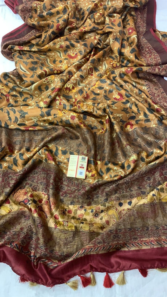 Zynah Pure Tussar Silk Saree with Digital Kalamkari Prints; Custom Stitched/Ready-made Blouse, Fall, Petticoat; Shipping available USA, Worldwide