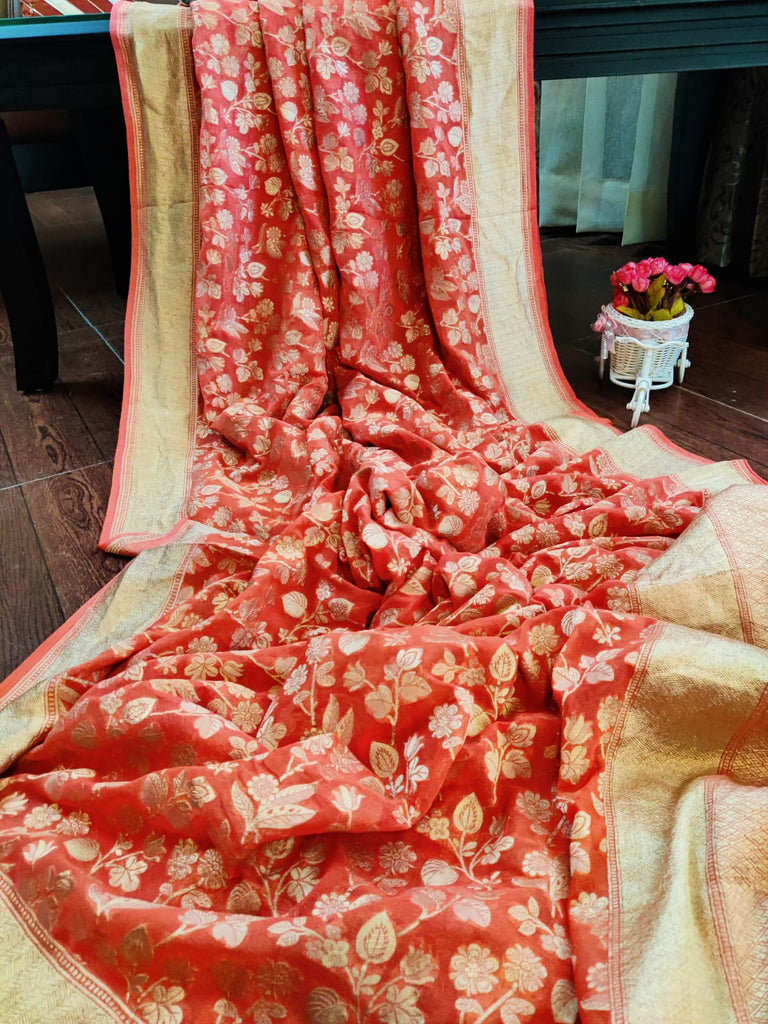 Zynah Pure Handloom Banarasi Khaddi Georgette Saree with Floral Jaal; Custom Stitched/Ready-made Blouse, Fall, Petticoat; Shipping available USA, Worldwide