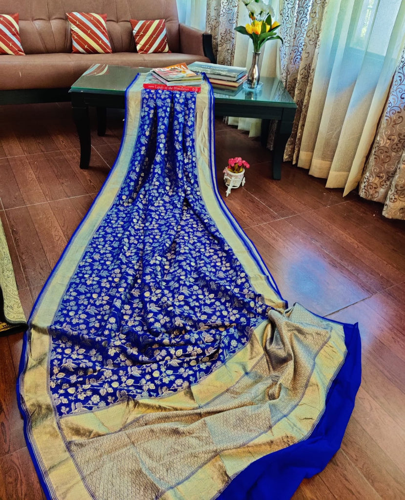 Zynah Pure Handloom Banarasi Khaddi Georgette Saree with Floral Jaal; Custom Stitched/Ready-made Blouse, Fall, Petticoat; Shipping available USA, Worldwide