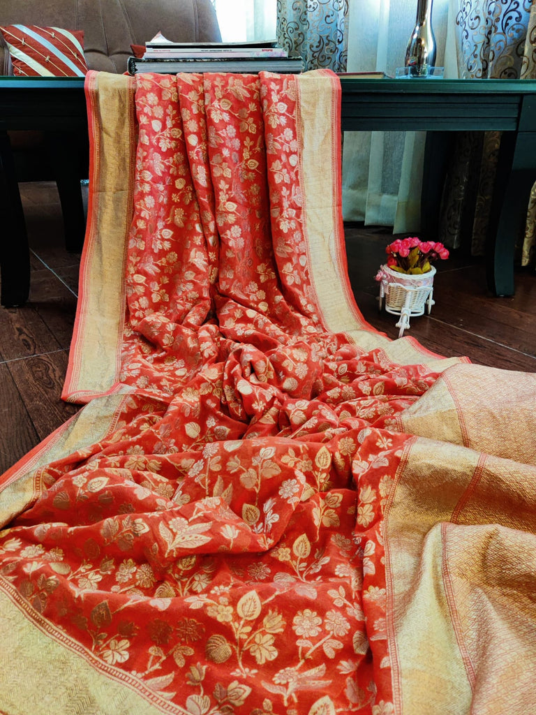 Zynah Pure Handloom Banarasi Khaddi Georgette Saree with Floral Jaal; Custom Stitched/Ready-made Blouse, Fall, Petticoat; Shipping available USA, Worldwide