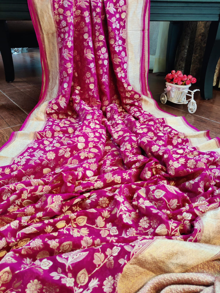 Zynah Pure Handloom Banarasi Khaddi Georgette Saree with Floral Jaal; Custom Stitched/Ready-made Blouse, Fall, Petticoat; Shipping available USA, Worldwide