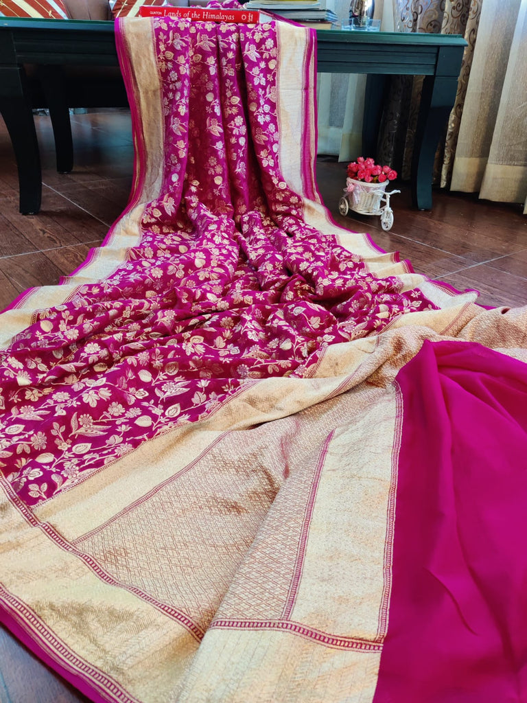Zynah Pure Handloom Banarasi Khaddi Georgette Saree with Floral Jaal; Custom Stitched/Ready-made Blouse, Fall, Petticoat; Shipping available USA, Worldwide