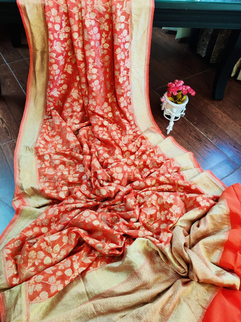 Zynah Pure Handloom Banarasi Khaddi Georgette Saree with Floral Jaal; Custom Stitched/Ready-made Blouse, Fall, Petticoat; Shipping available USA, Worldwide