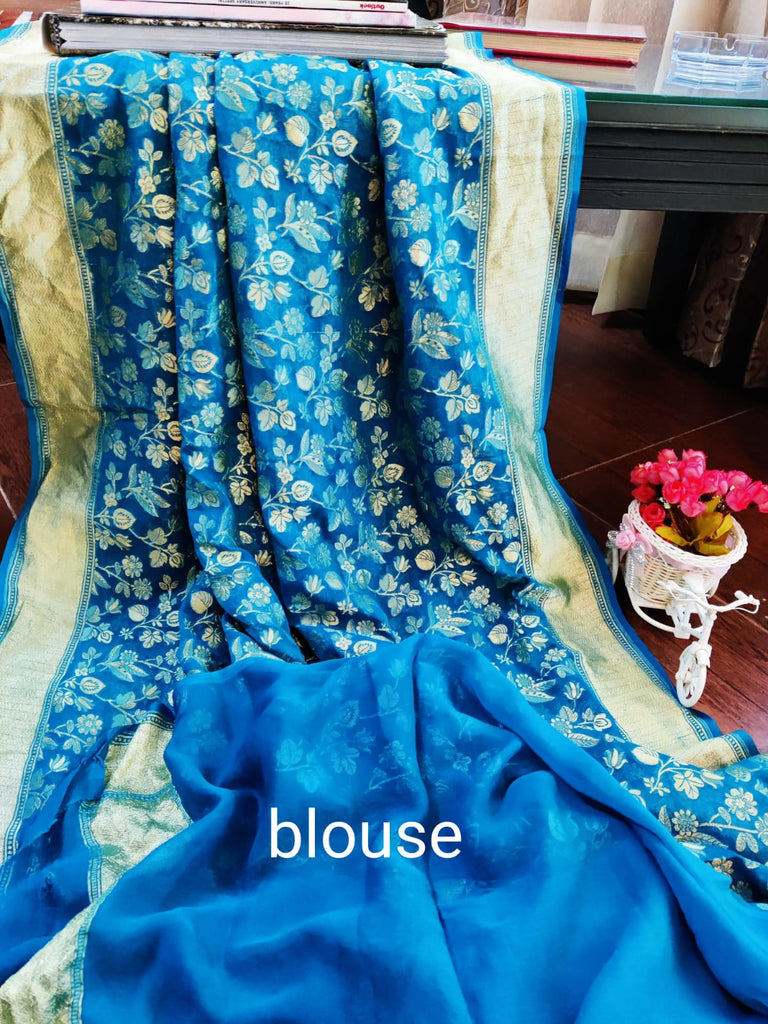 Zynah Pure Handloom Banarasi Khaddi Georgette Saree with Floral Jaal; Custom Stitched/Ready-made Blouse, Fall, Petticoat; Shipping available USA, Worldwide