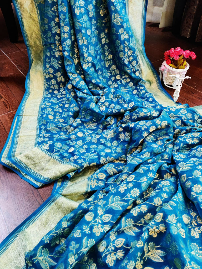 Zynah Pure Handloom Banarasi Khaddi Georgette Saree with Floral Jaal; Custom Stitched/Ready-made Blouse, Fall, Petticoat; Shipping available USA, Worldwide