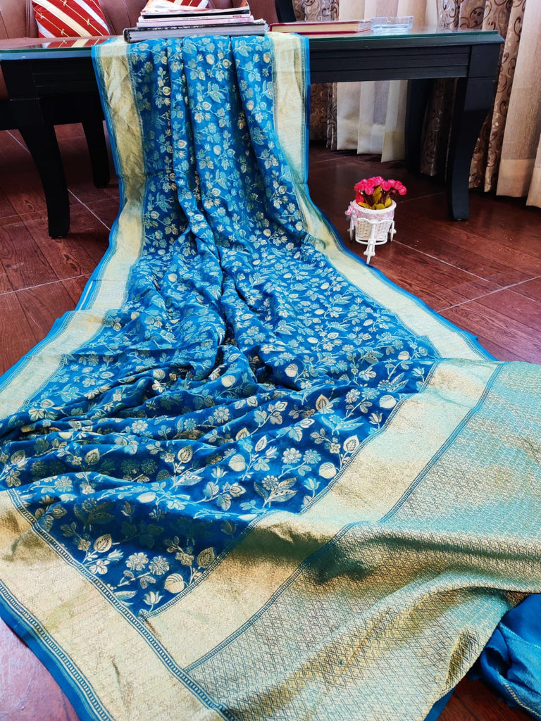 Zynah Pure Handloom Banarasi Khaddi Georgette Saree with Floral Jaal; Custom Stitched/Ready-made Blouse, Fall, Petticoat; Shipping available USA, Worldwide