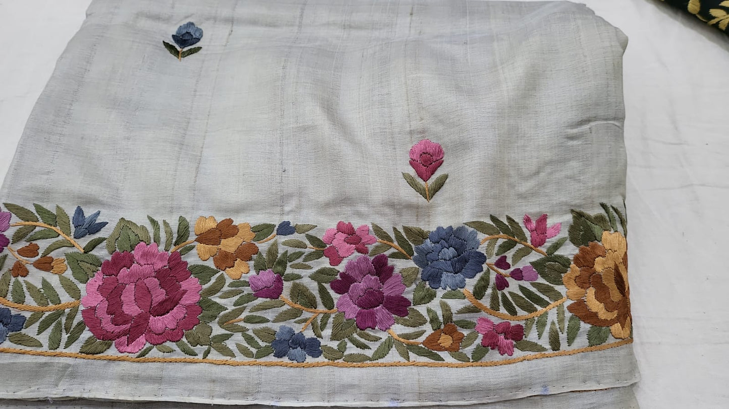 Zynah Made to Order Pure Tussar Silk Parsi Gara Embroidery Saree; Custom Stitched/Ready-made Blouse, Fall, Petticoat; Shipping available USA, Worldwide