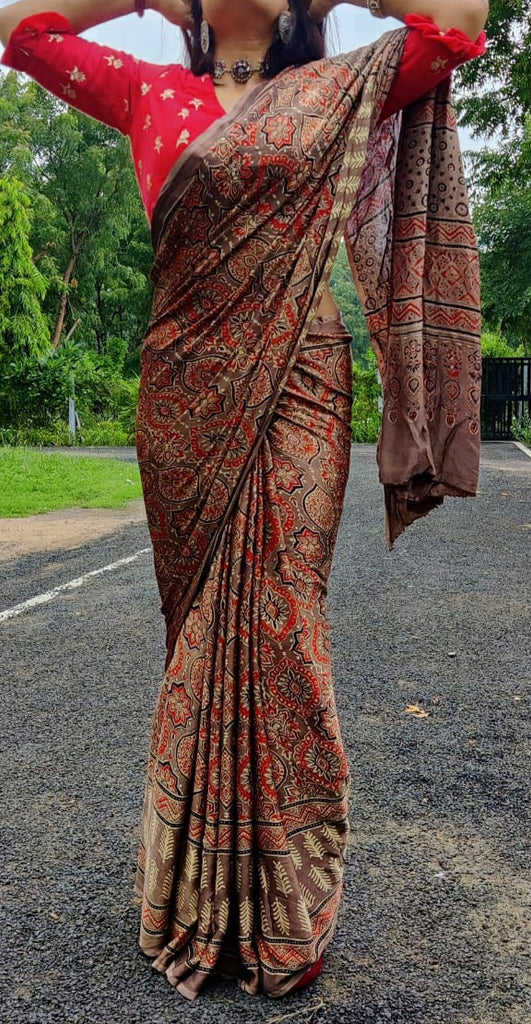 Zynah Pure Modal Silk Ajrakh Saree with Handblock Prints; Custom Stitched/Ready-made Blouse, Fall, Petticoat; Shipping available USA, Worldwide