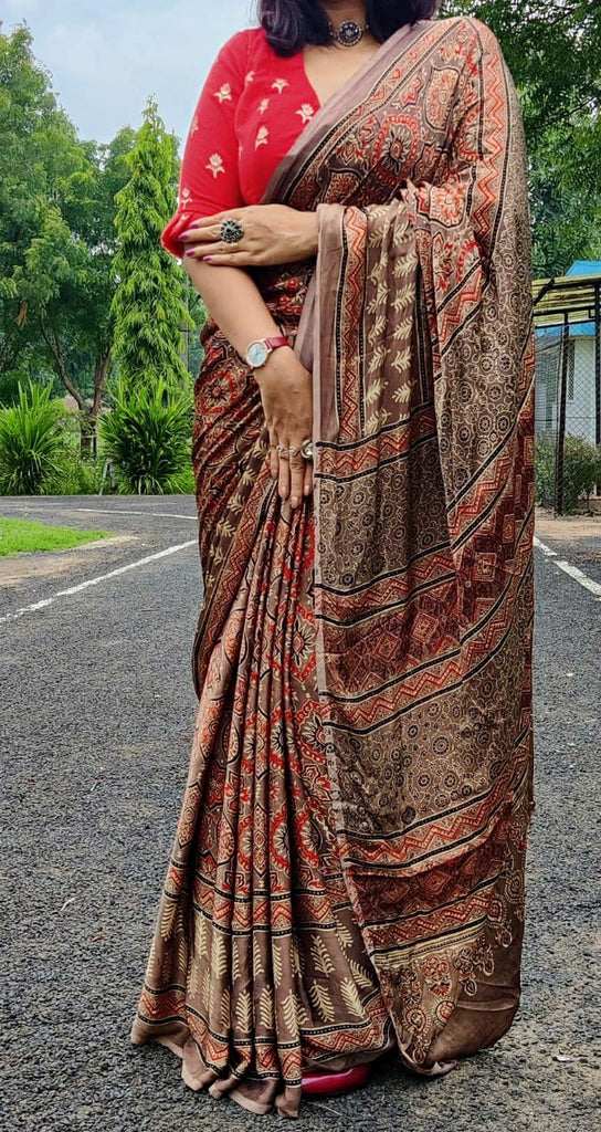 Zynah Pure Modal Silk Ajrakh Saree with Handblock Prints; Custom Stitched/Ready-made Blouse, Fall, Petticoat; Shipping available USA, Worldwide