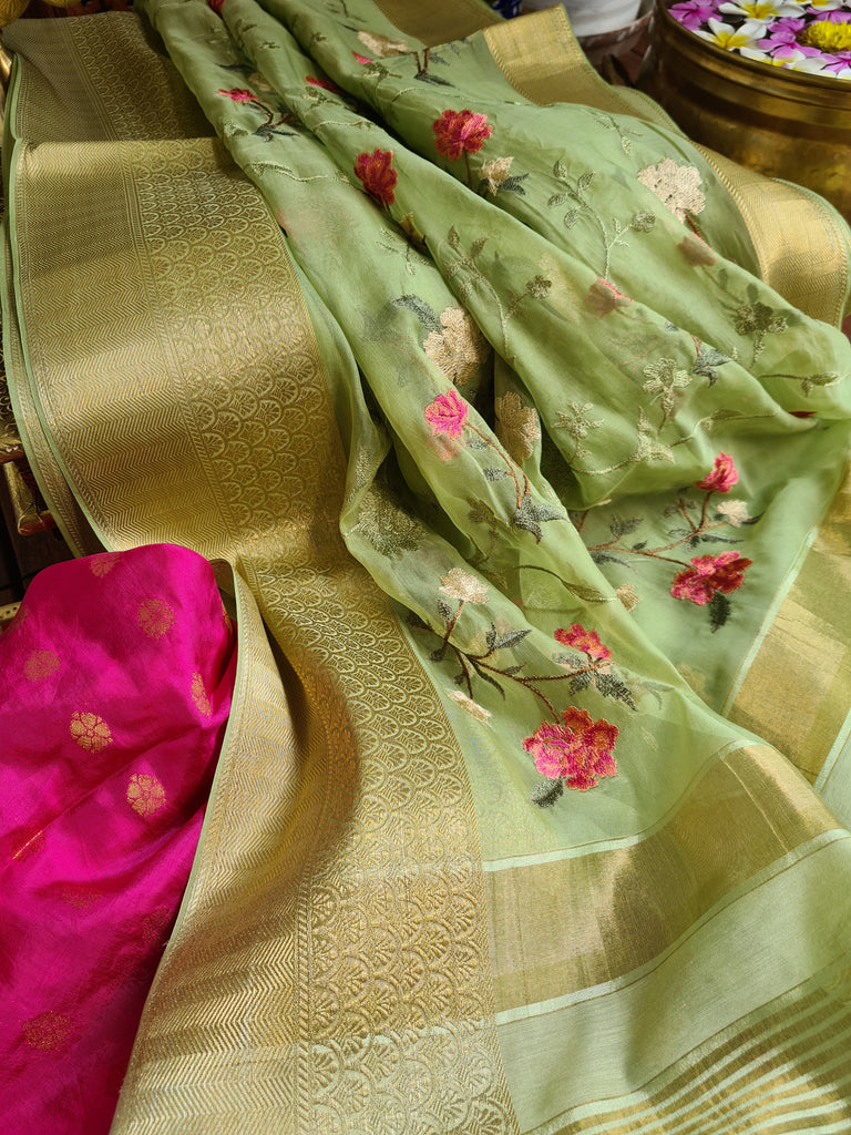 Zynah Organza Silk Thread Embroidery Saree with Zari Border, Buti Blouse Piece; Custom Stitched/Ready-made Blouse, Fall, Petticoat; Shipping available USA, Worldwide