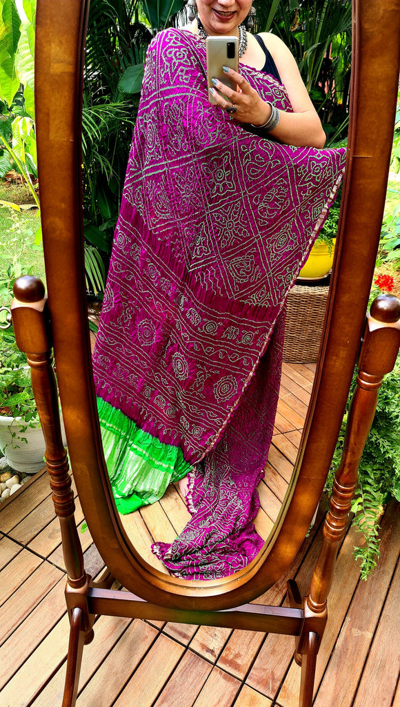 Zynah Pure Gajji Silk Designer Bandhani Saree with Tissue Zari Pallu; Custom Stitched/Ready-made Blouse, Fall, Petticoat; Shipping available USA, Worldwide