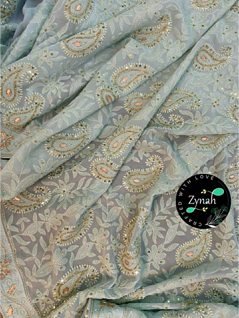 Zynah Pure Georgette Saree, Chikankari with Gotapatti Cut-work; Custom Stitched/Ready-made Blouse, Fall, Petticoat; Shipping available USA, Worldwide
