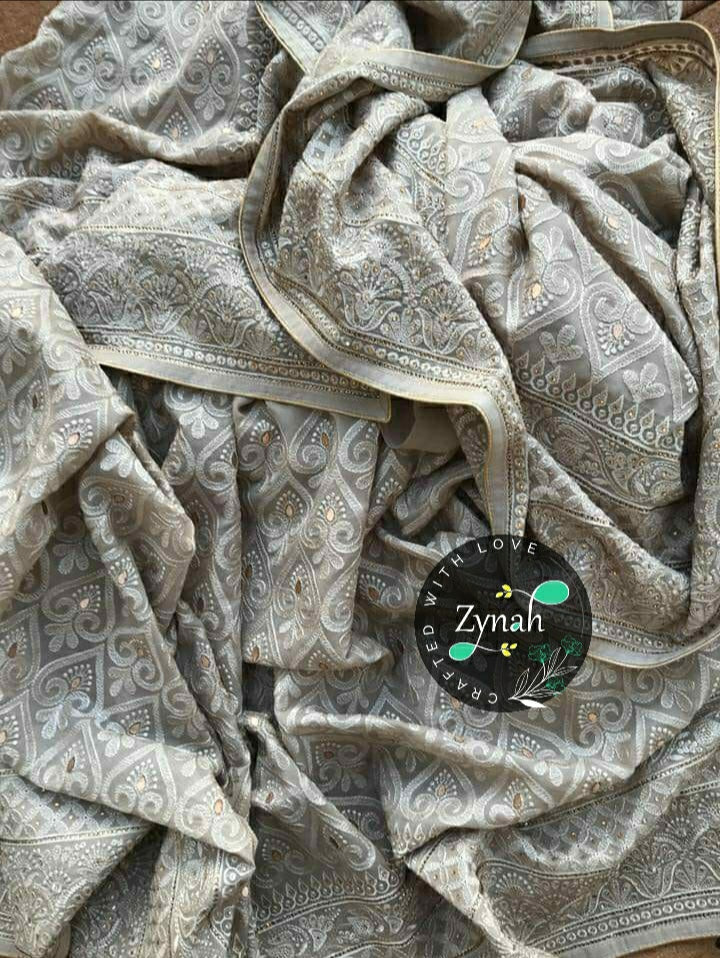 Zynah Pure Georgette Saree with Chikankari & Gotapatti Cut-work; Custom Stitched/Ready-made Blouse, Fall, Petticoat; Shipping available USA, Worldwide