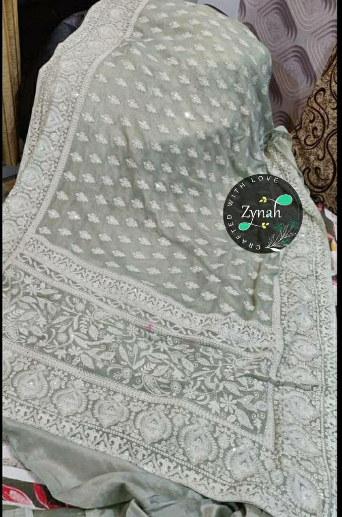 Zynah Pure Georgette Saree with Chikankari & Sequence work; Custom Stitched/Ready-made Blouse, Fall, Petticoat; Shipping available USA, Worldwide