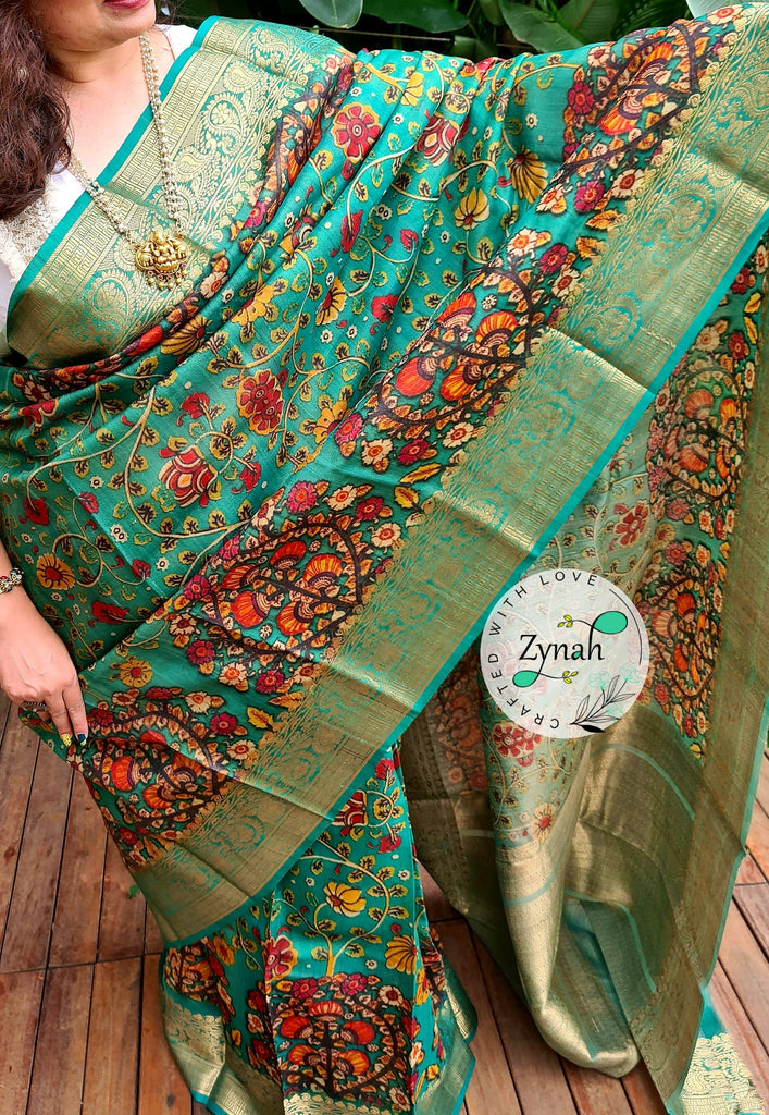 Zynah Pure Tussar Silk Banarasi Kalamkari Saree with Antique zari weave; Custom Stitched/Ready-made Blouse, Fall, Petticoat; Shipping available USA, Worldwide
