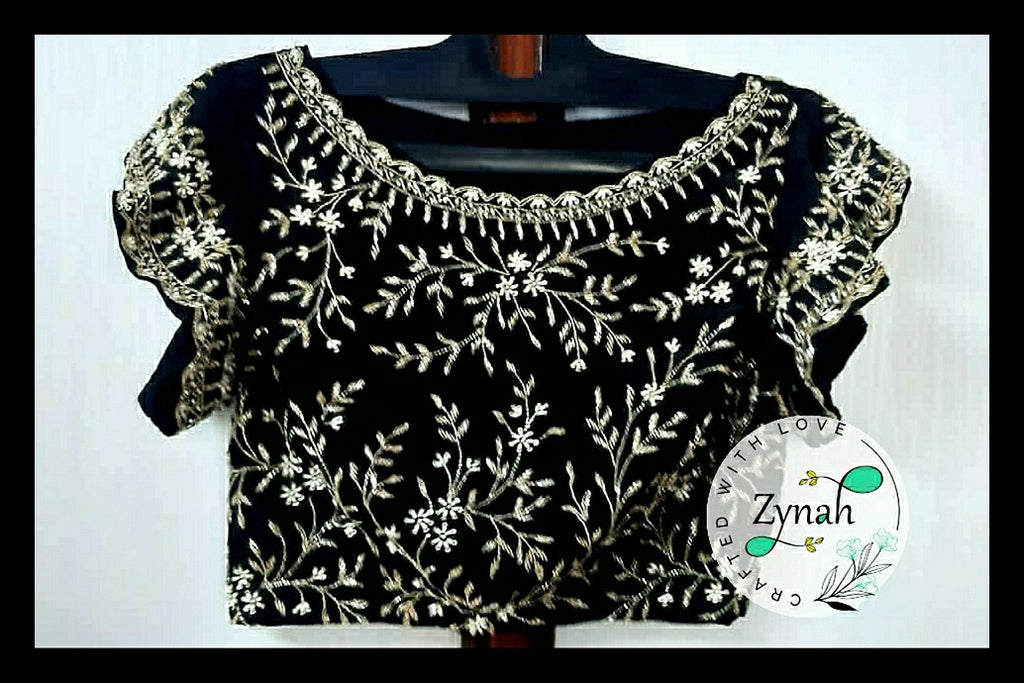 Zynah Pure Crepe Silk Saree with Beads, Pearl, Cut-dana Hand-work; Custom Stitched/Ready-made Blouse, Fall, Petticoat; Shipping available USA, Worldwide