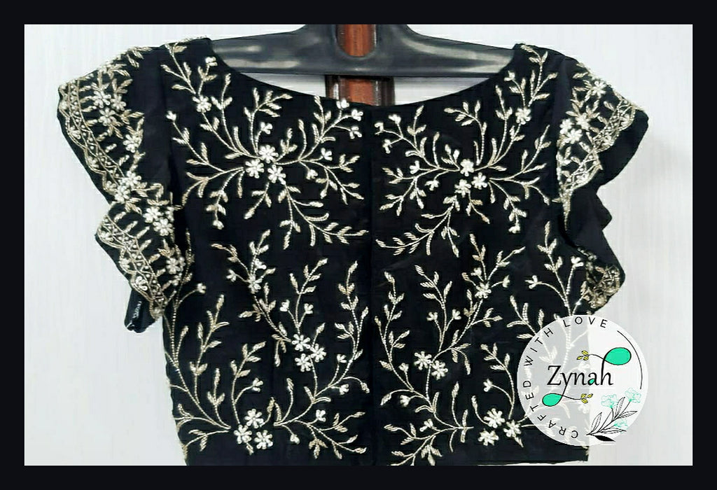 Zynah Pure Crepe Silk Saree with Beads, Pearl, Cut-dana Hand-work; Custom Stitched/Ready-made Blouse, Fall, Petticoat; Shipping available USA, Worldwide