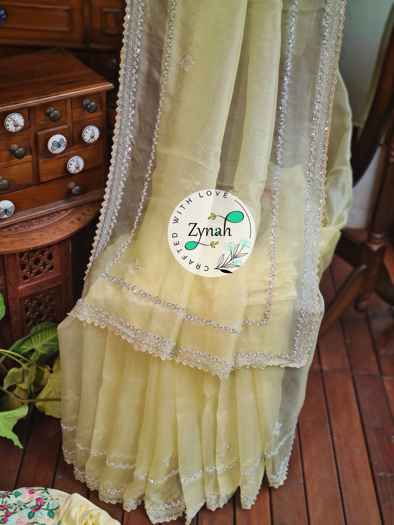 Zynah Yellow Color Pure Organza Silk Saree with Sequence, Pearls & Cut-dana Work; Custom Stitched/Ready-made Blouse, Fall, Petticoat; Shipping available USA, Worldwide