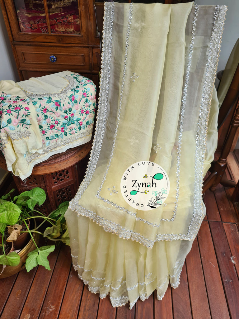 Zynah Yellow Color Pure Organza Silk Saree with Sequence, Pearls & Cut-dana Work; Custom Stitched/Ready-made Blouse, Fall, Petticoat; Shipping available USA, Worldwide