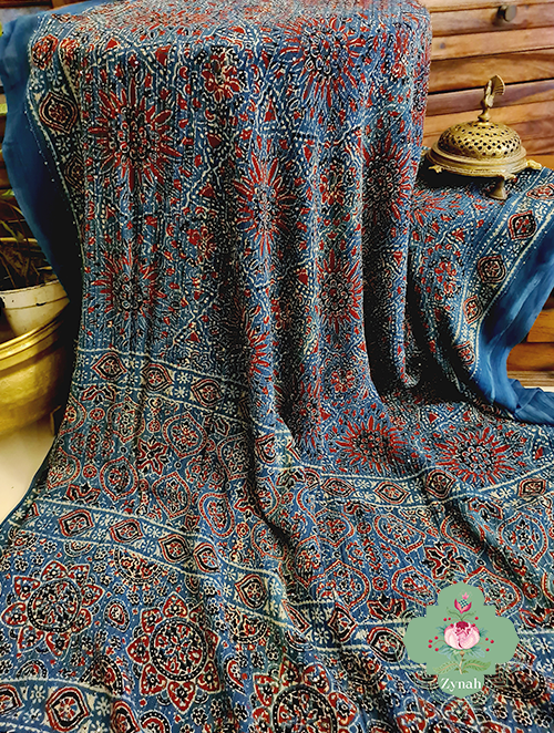 Zynah Indigo Pure Georgette Sequence Work Saree with Ajrakh Handblock Prints; Custom Stitched/Ready-made Blouse, Fall, Petticoat; SKU: xyz-0301202303