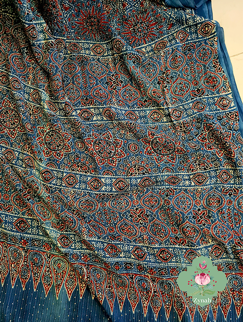 Zynah Indigo Pure Georgette Sequence Work Saree with Ajrakh Handblock Prints; Custom Stitched/Ready-made Blouse, Fall, Petticoat; SKU: xyz-0301202303