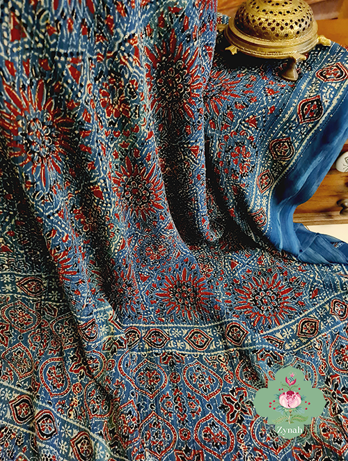 Zynah Indigo Pure Georgette Sequence Work Saree with Ajrakh Handblock Prints; Custom Stitched/Ready-made Blouse, Fall, Petticoat; SKU: xyz-0301202303