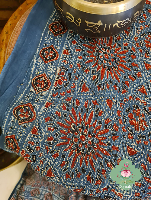 Zynah Indigo Pure Georgette Sequence Work Saree with Ajrakh Handblock Prints; Custom Stitched/Ready-made Blouse, Fall, Petticoat; SKU: xyz-0301202303