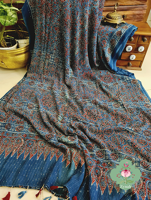 Zynah Indigo Pure Georgette Sequence Work Saree with Ajrakh Handblock Prints; Custom Stitched/Ready-made Blouse, Fall, Petticoat; SKU: xyz-0301202303