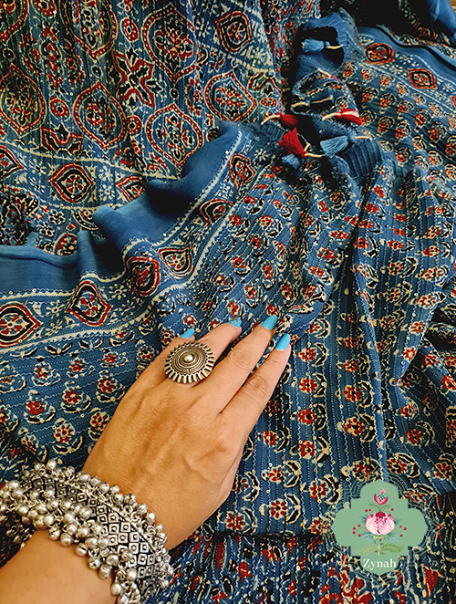 Zynah Indigo Pure Georgette Sequence Work Saree with Ajrakh Handblock Prints; Custom Stitched/Ready-made Blouse, Fall, Petticoat; SKU: xyz-0301202303