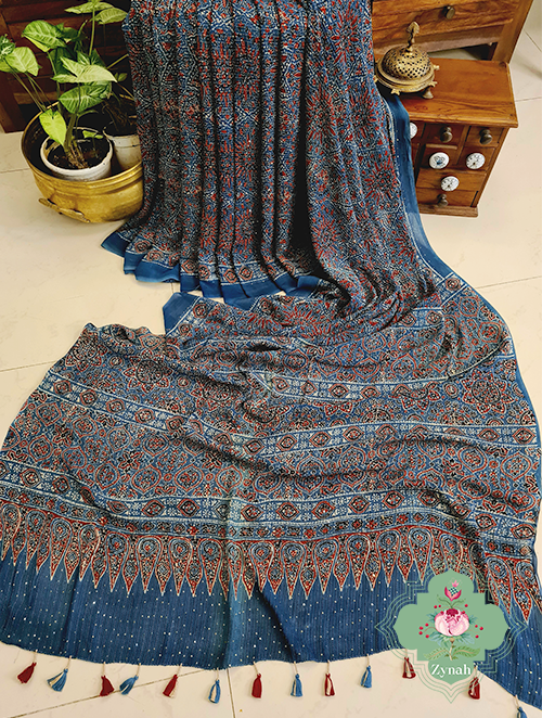 Zynah Indigo Pure Georgette Sequence Work Saree with Ajrakh Handblock Prints; Custom Stitched/Ready-made Blouse, Fall, Petticoat; SKU: xyz-0301202303