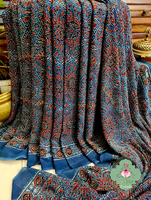 Zynah Indigo Pure Georgette Sequence Work Saree with Ajrakh Handblock Prints; Custom Stitched/Ready-made Blouse, Fall, Petticoat; SKU: xyz-0301202303