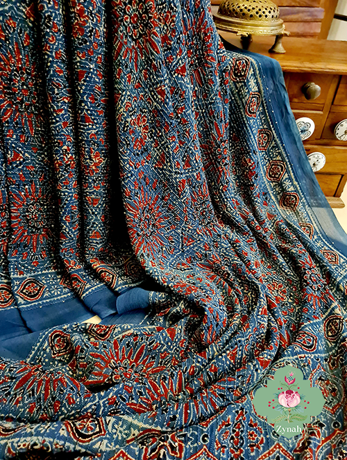 Zynah Indigo Pure Georgette Sequence Work Saree with Ajrakh Handblock Prints; Custom Stitched/Ready-made Blouse, Fall, Petticoat; SKU: xyz-0301202303