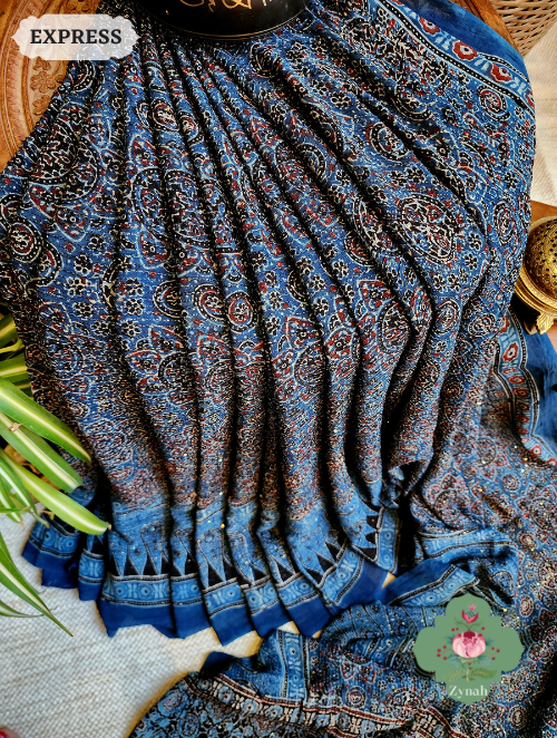 Zynah Indigo Pure Georgette Silk Ajrakh Saree With Sequin Work; Custom Stitched/Ready-made Blouse, Fall, Petticoat; SKU: 2102202302